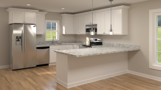 kitchen with white cabinets, a peninsula, stainless steel appliances, and a sink