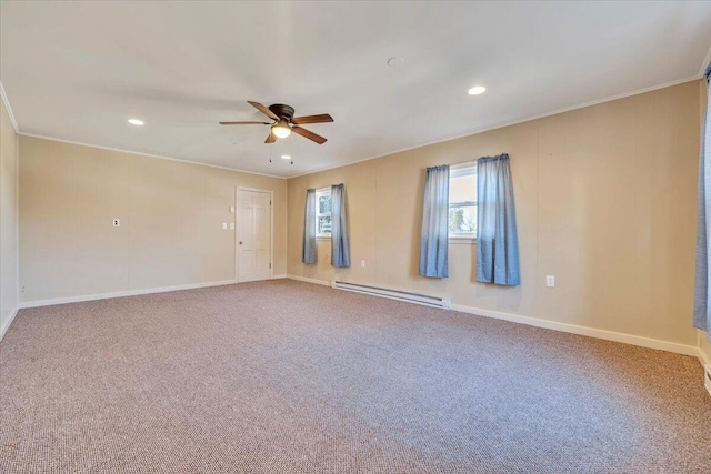 empty room with baseboards, carpet, ceiling fan, ornamental molding, and baseboard heating