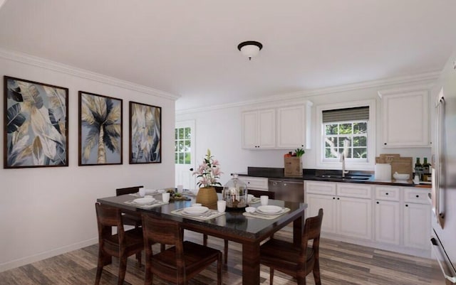 dining room with baseboards, wood finished floors, and crown molding