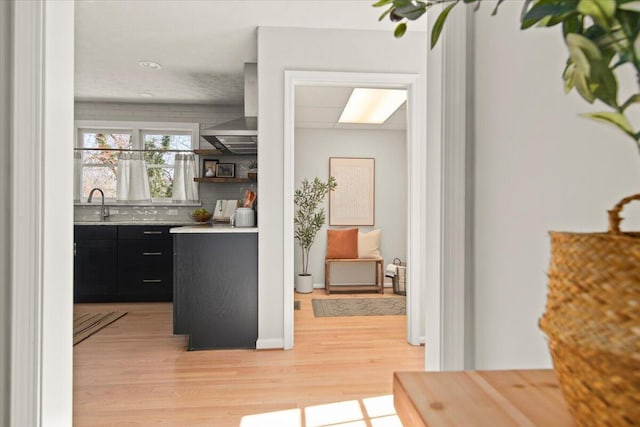 hall with light wood-style flooring and a sink