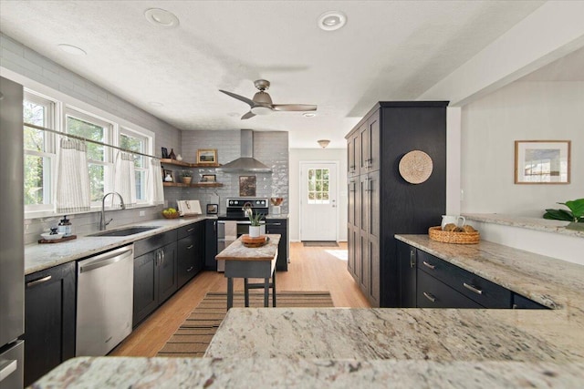 kitchen featuring light wood-type flooring, a sink, appliances with stainless steel finishes, wall chimney range hood, and dark cabinets