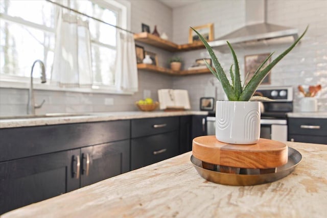 kitchen featuring a sink, open shelves, light stone counters, and dark cabinets