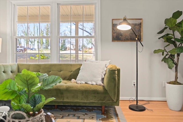 living area featuring wood finished floors and baseboards