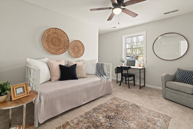 bedroom featuring a ceiling fan, carpet, visible vents, and baseboards