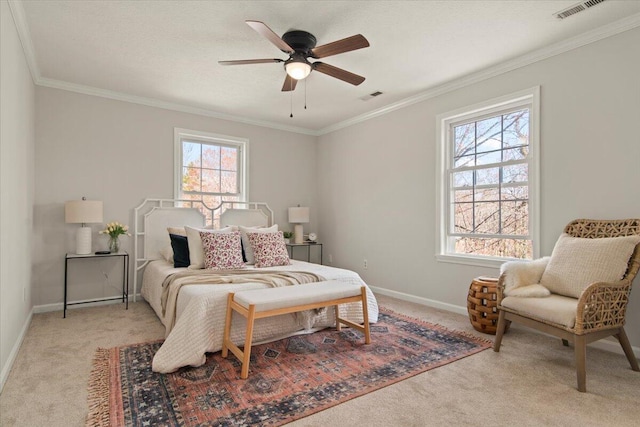 bedroom featuring light carpet, multiple windows, and ornamental molding