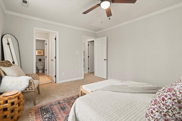 bedroom with visible vents, light colored carpet, crown molding, and baseboards