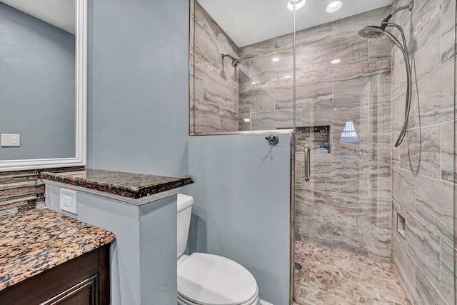 bathroom featuring toilet, a stall shower, and vanity