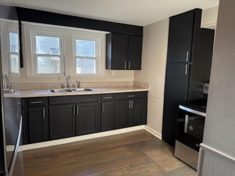 kitchen featuring a sink, dark cabinetry, wood finished floors, light countertops, and range