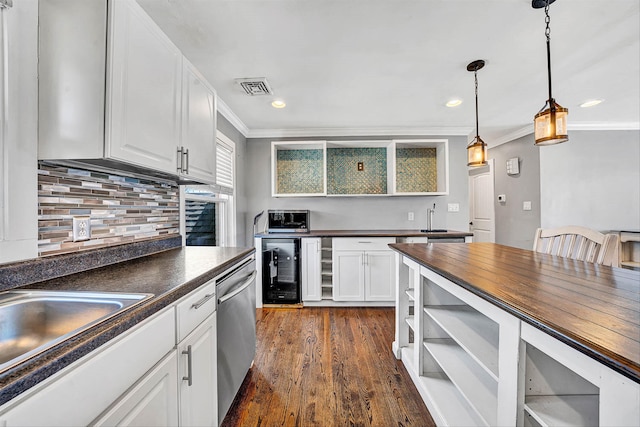 kitchen featuring visible vents, white cabinetry, dark wood finished floors, open shelves, and stainless steel dishwasher