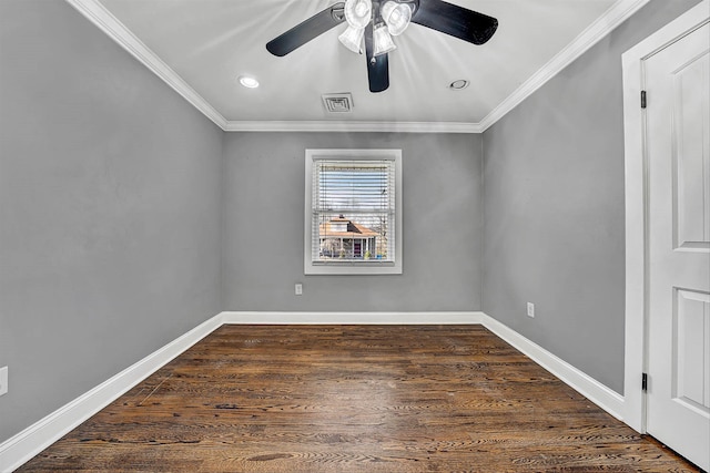 unfurnished room featuring ornamental molding, baseboards, a ceiling fan, and wood finished floors