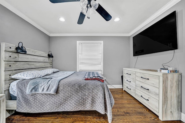 bedroom with dark wood finished floors, ceiling fan, recessed lighting, and ornamental molding