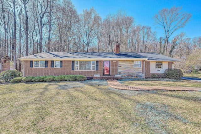 ranch-style house with a front lawn, brick siding, and a chimney