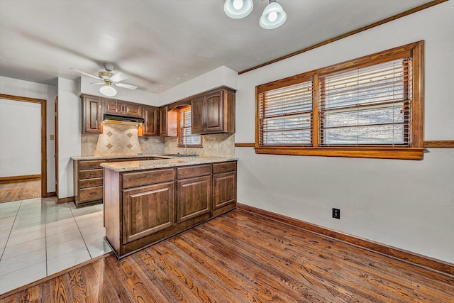 kitchen featuring tasteful backsplash, ceiling fan, under cabinet range hood, a peninsula, and wood finished floors