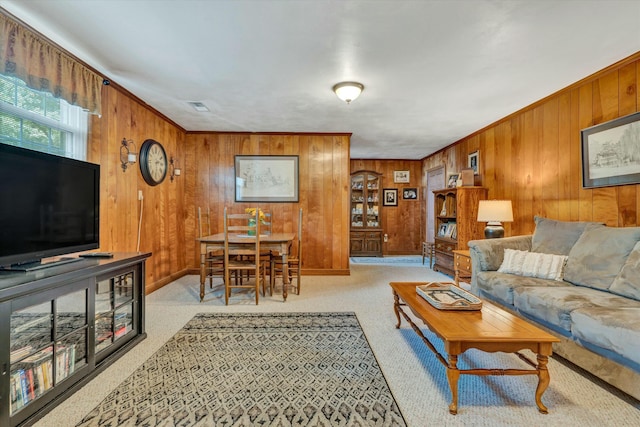 living area featuring wooden walls, carpet, and visible vents