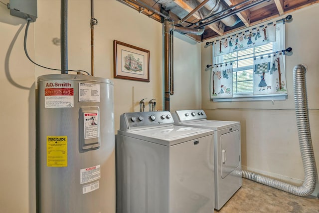 clothes washing area with laundry area, washing machine and dryer, and electric water heater