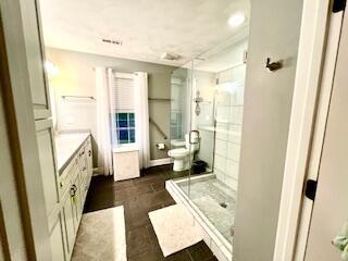 full bathroom featuring toilet, a stall shower, and vanity