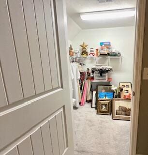 walk in closet featuring carpet flooring