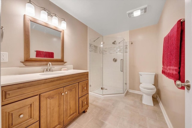 full bath featuring visible vents, vanity, toilet, and a shower stall