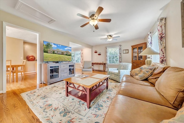 living room featuring a ceiling fan, baseboards, and light wood finished floors