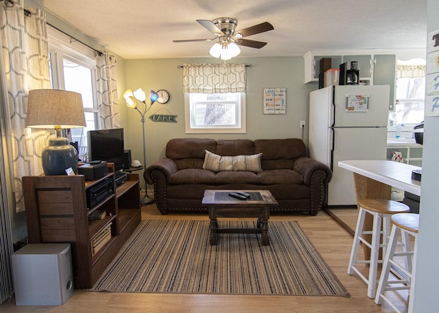 living room with light wood finished floors and ceiling fan