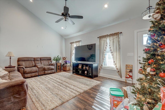 living room with dark wood-style floors, recessed lighting, baseboards, and ceiling fan