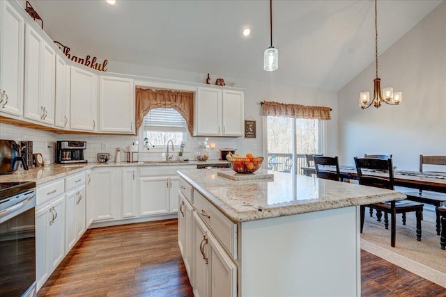 kitchen featuring stainless steel electric range oven, a healthy amount of sunlight, dark wood-type flooring, and a sink