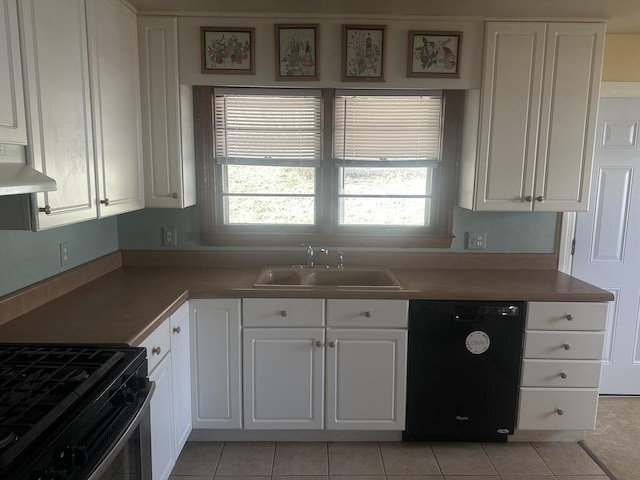 kitchen with dishwasher, wall chimney range hood, white cabinetry, and a sink