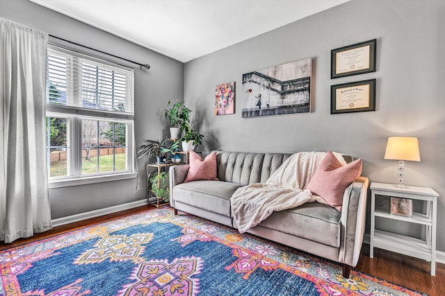 living area featuring baseboards and wood finished floors