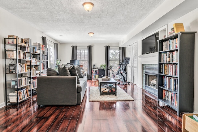 living room featuring a fireplace, wood finished floors, and a textured ceiling