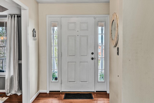 foyer featuring a wealth of natural light, baseboards, and wood finished floors