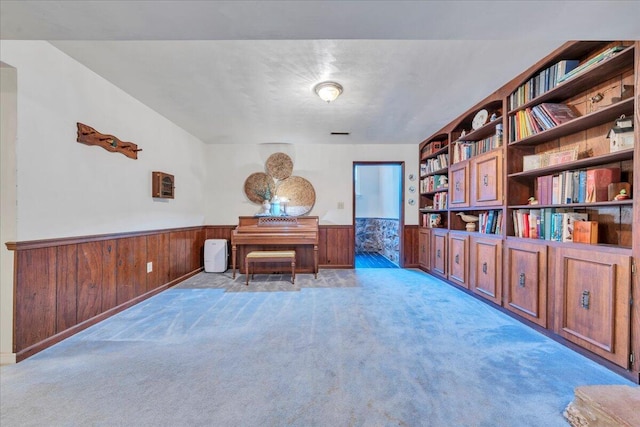 carpeted office space featuring wood walls and wainscoting