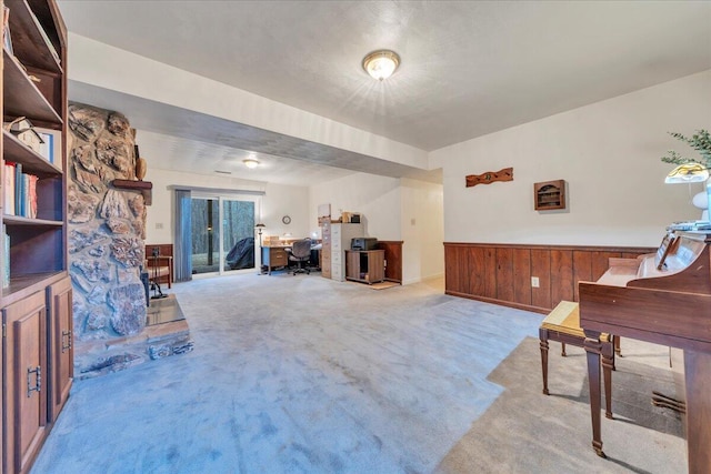 interior space with carpet, wood walls, and wainscoting