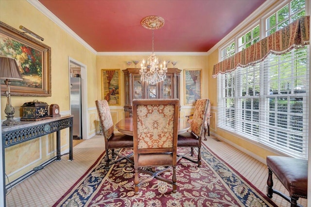 dining space with light colored carpet, an inviting chandelier, and crown molding