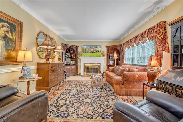 carpeted living room featuring a fireplace and ornamental molding