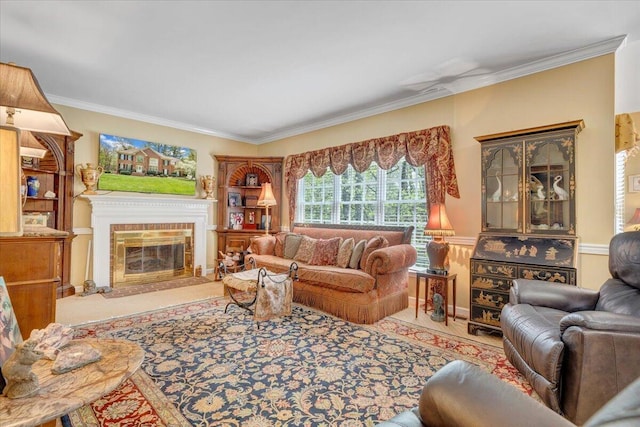 living room with a brick fireplace and ornamental molding