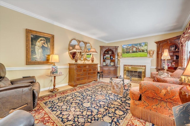 living area with baseboards, a brick fireplace, and crown molding