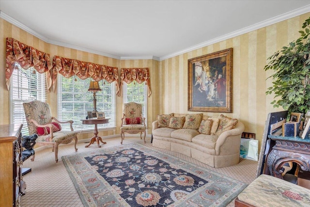 carpeted living room featuring ornamental molding and wallpapered walls