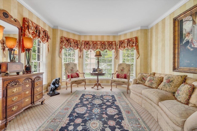 sitting room with baseboards, crown molding, wallpapered walls, and carpet floors