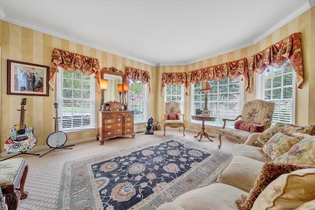interior space featuring crown molding, carpet, baseboards, and wallpapered walls