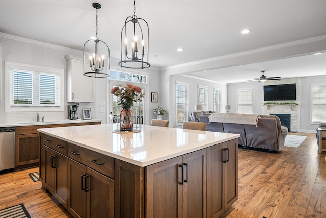 1042 Round Meadow Dr, Christiansburg, VA 24073 - kitchen with a sink, stainless steel dishwasher, light wood-style flooring, light countertops, and a fireplace
