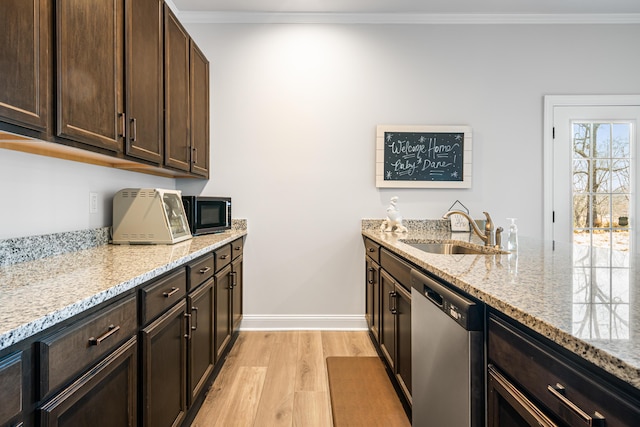 1042 Round Meadow Dr, Christiansburg, VA 24073 - kitchen with stainless steel appliances, a sink, light wood-style floors, dark brown cabinetry, and crown molding