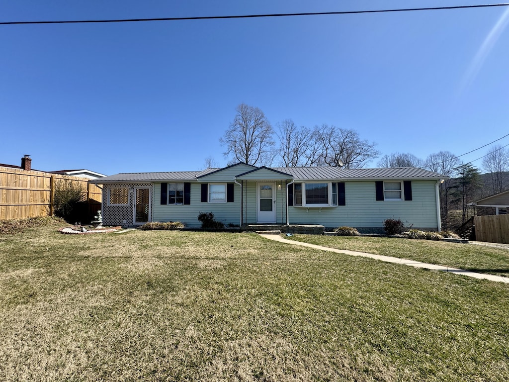 6729 Sontag Rd, Rocky Mount, VA 24151 - ranch-style home featuring a front lawn, fence, and metal roof