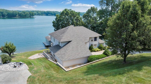 drone / aerial view featuring a water view