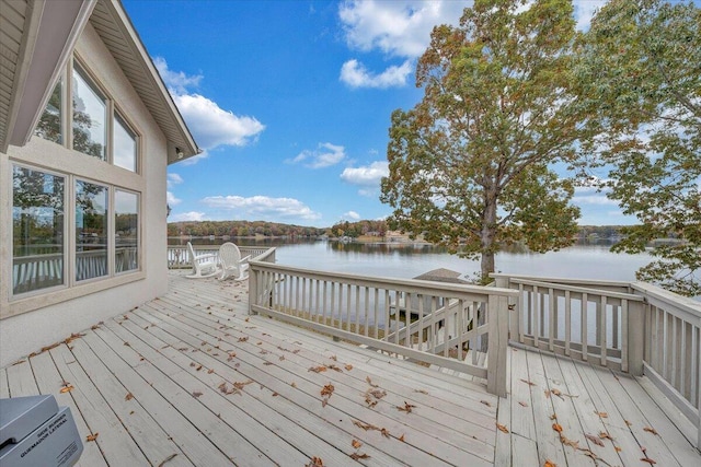 wooden deck featuring a water view