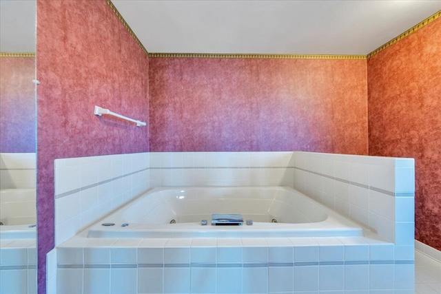 full bathroom with a jetted tub and wallpapered walls
