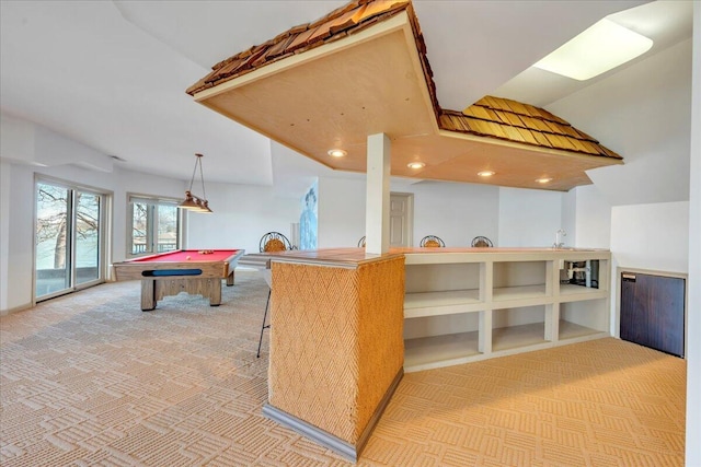 rec room featuring light carpet, recessed lighting, and pool table