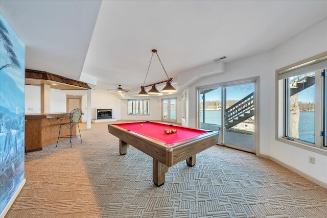 recreation room with billiards, visible vents, carpet floors, and ceiling fan