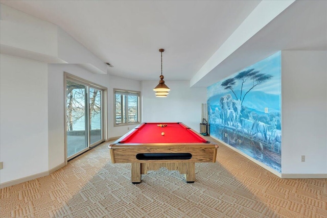 game room with billiards, carpet flooring, visible vents, and baseboards