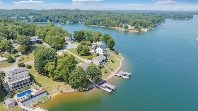 bird's eye view featuring a forest view and a water view