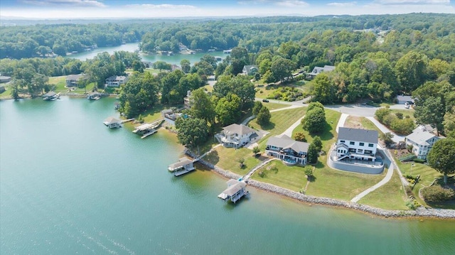 aerial view featuring a forest view and a water view